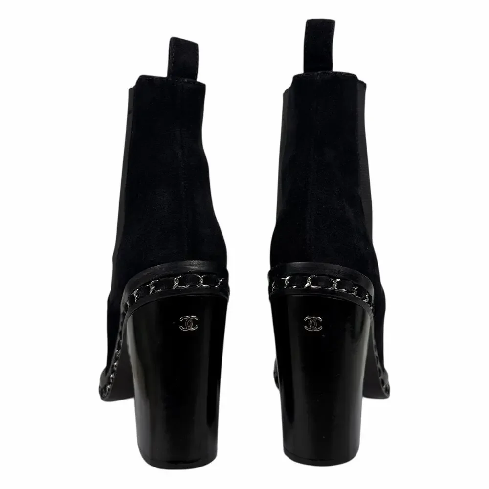 Chanel Interlocking CC Logo Heel Chain Suede Ankle Boots Black Size 40